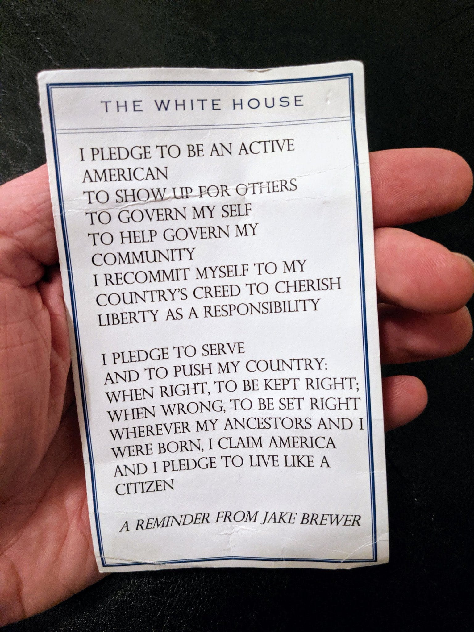 I pledge to be an active American To show up for others To govern my self To help govern my community I recommit myself to my country’s creed to cherish liberty as a responsibility  I pledge to serve And to push my country When right, to be kept right When wrong, to be set right Wherever my ancestors & I were born, I claim America And I pledge to be an active citizen.”