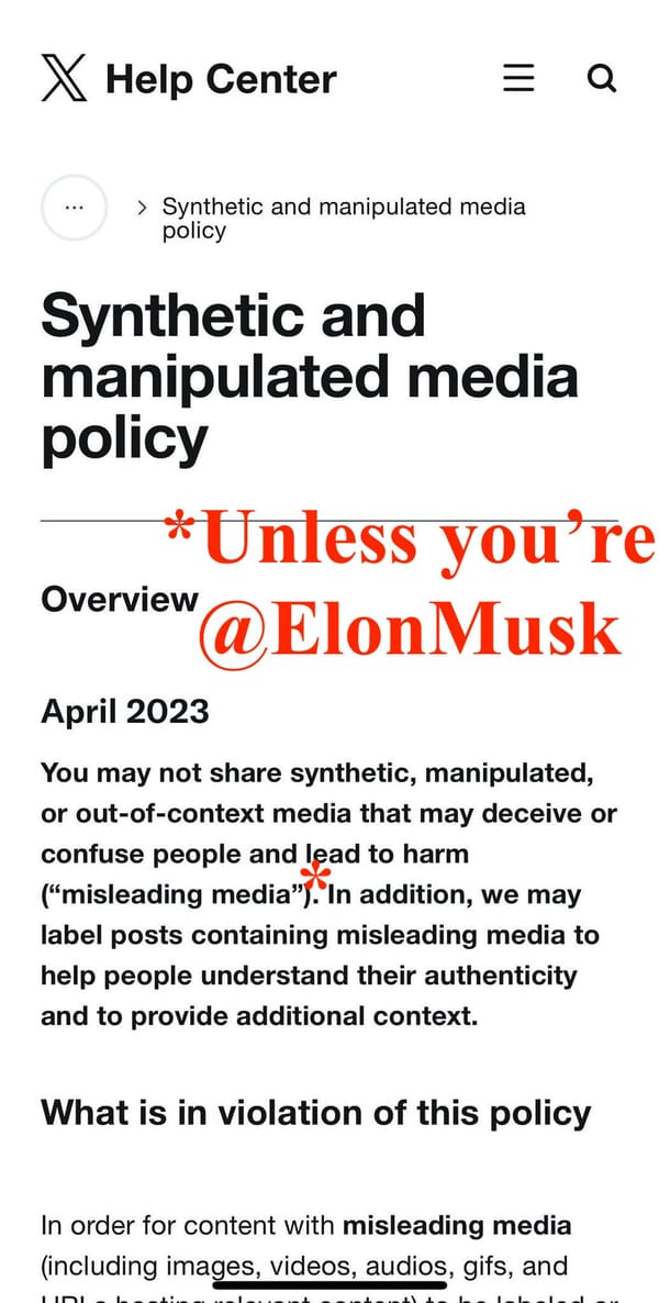 Tech companies should require disclaimers for media made with AI, & governments should codify that mandate. Musk's behavior shows self-regulation will fail.